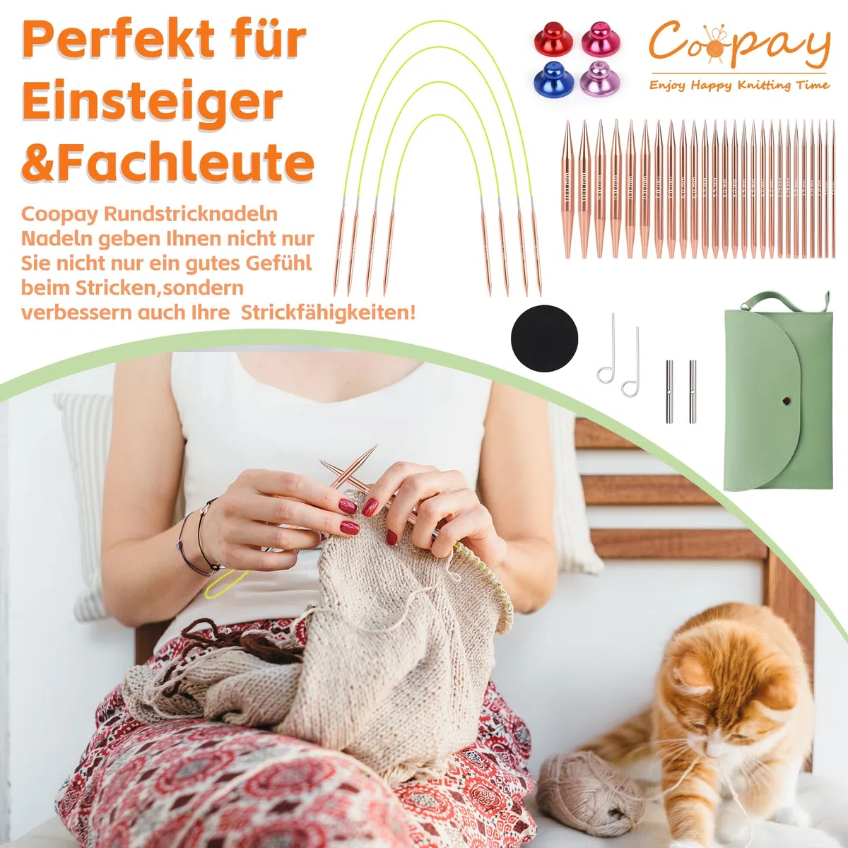Coopay Auswechselbare Rundstricknadeln Set, 3,0-10,0 mm Rundstricknadeln (4 Längen verstellbar), Stricknadeln Rundstricknadel mit Aufbewahrungstasche,Austauschbare Rundstricknadel, Rosé gold