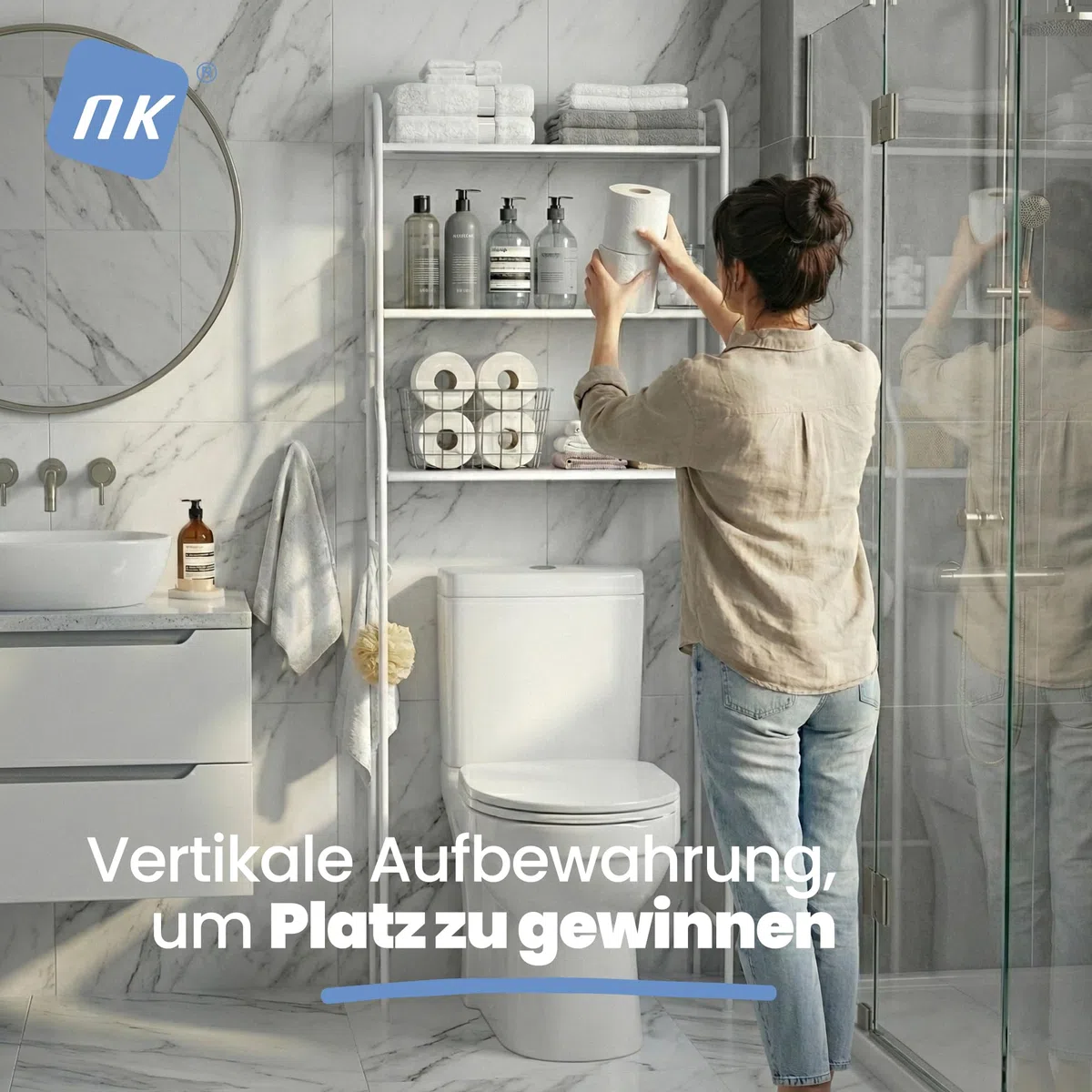 NK Badezimmerregal über Toilette – 153 x 47 x 26 cm, 3 obere Regalböden, 3 Haken, Toilettenpapierhalter, rutschfeste Füße, Struktur aus Eisen und Polypropylen, Weiß, einfache Montage