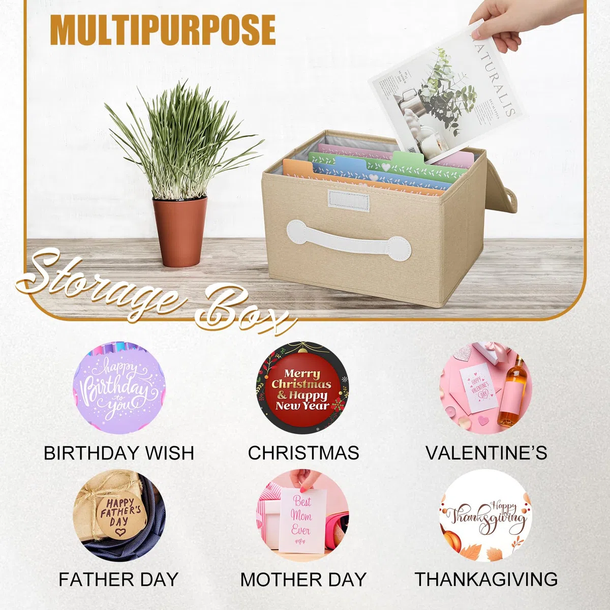 Grußkarten-Organizer-Box mit 16 Trennwänden, faltbare Aufbewahrungsbox, Halter mit Deckel, ideal für Karten, Rezepte, Fotos, Umschläge, Andenken (Beige, 84 Etiketten)