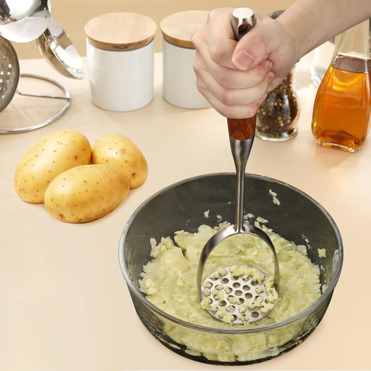 Kartoffelstampfer, Edelstahl, Holzgriff, robust, mit Loch zum Aufhängen, Reispresse für Bohnen, Gemüse, Fleisch, Kürbis