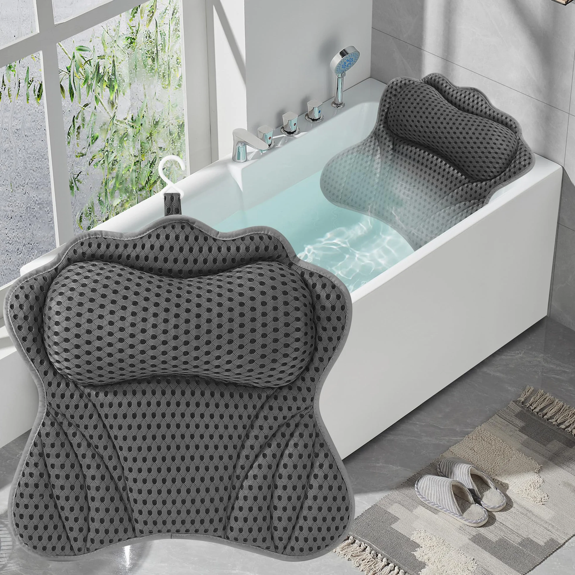 Badewannenkissen, Badewannenkissen Nacken, Nackenkissen für Badewanne mit 6 Saugnäpfen, mittels 4D-Air-Mesh-Technologie, stützt Kopf, Nacken, Schultern, Rücken, passend für alle Badewannen (Grau)