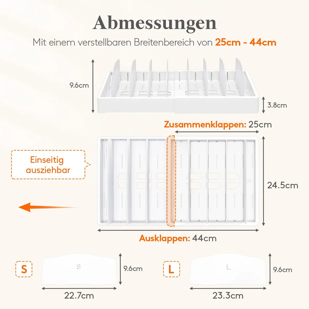 Lifewit Deckelhalter erweiterbar von 25-44 cm, Deckel Organizer aus Kunststoff, Schubladen Organizer Küche für Frischhaltedosendeckel, Aufbewahrungsbox für Deckel mit 8 verstellbaren Trennwänden, Weiß