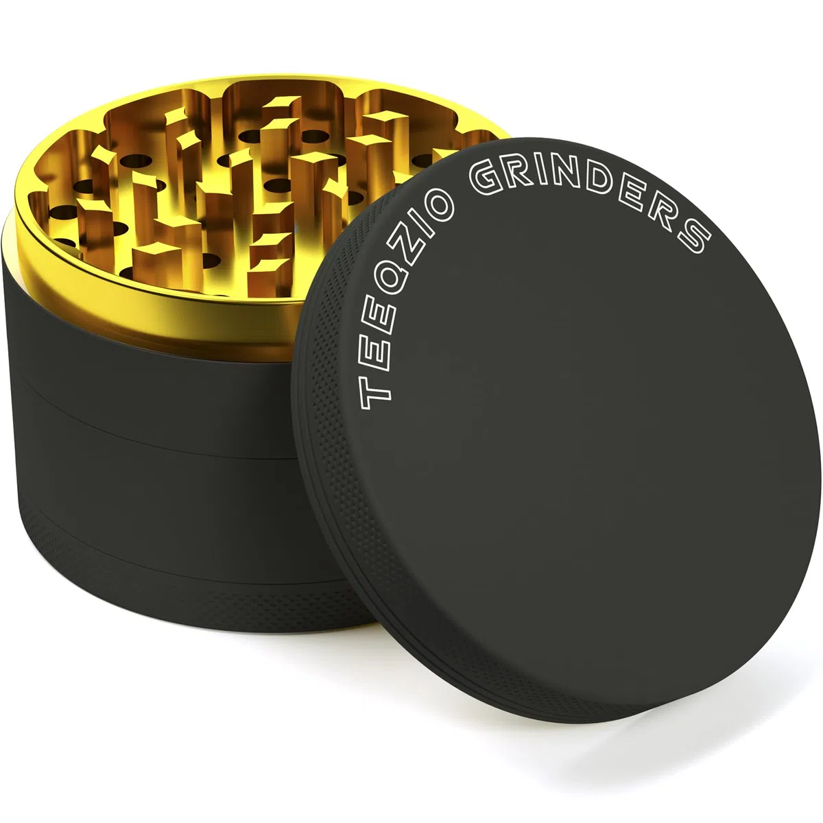 Pollen Grinder Crusher Ø 75 mm aus Aluminiumlegierung mit 4-Teilig, für Spice, Kräuter, Gewürze, Herb, Kaffee mit Pollen Scraper und Pinsel (Schwarz & Gold)