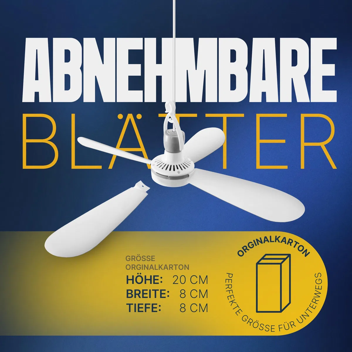 Bestlivings Mobiler Deckenventilator Weiß (5m XXL Kabel) mit Stecker und Schalter, 220V-240V / 5 Watt, Ø40 cm Decken Ventilator mit Aufhänger