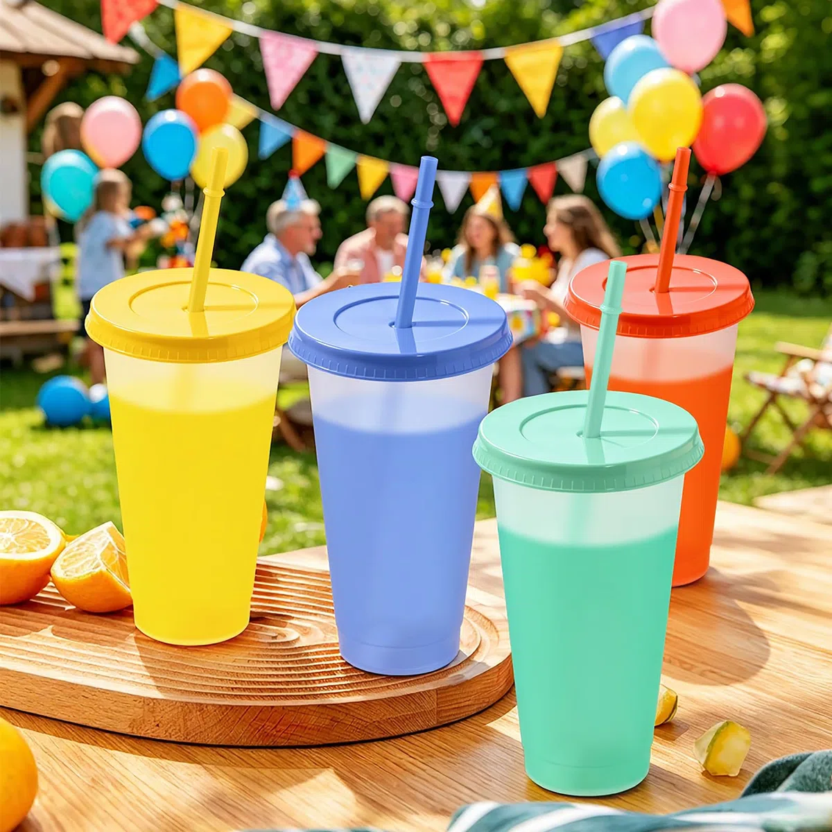 12 Stück Trinkbecher mit Deckel und Strohhalm Kinder Erwachsene 24OZ 710ML Farbwechsel Becher mit Deckel und Strohhalm Plastikbecher Kunststoffbecher Wiederverwendbare für Party Geburtstag Festival