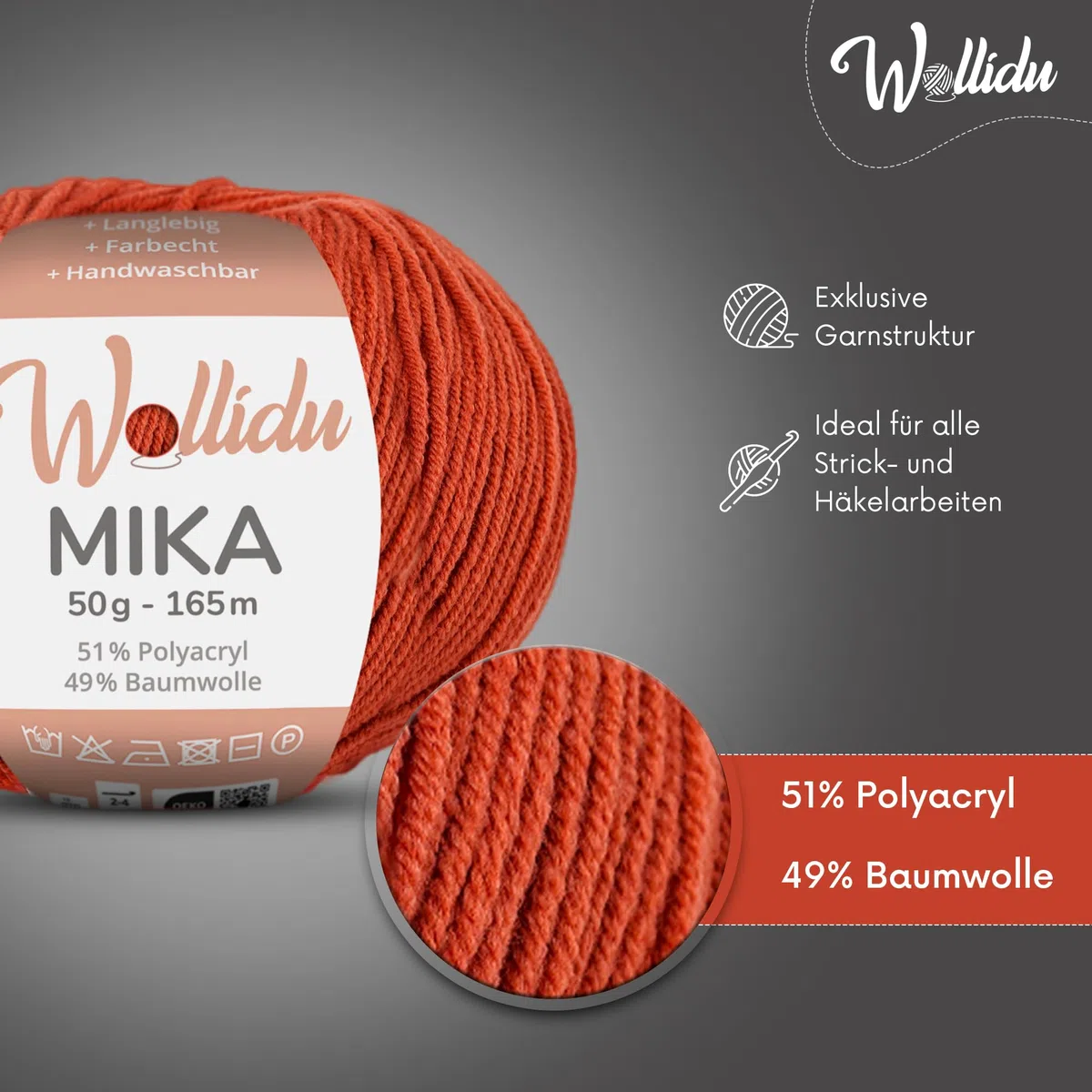 Wollidu Mika 51% Polyacryl 49% Baumwolle zum Häkeln und Stricken 10x 50g/165m Oeko-Tex Strickgarn Häkelgarn - Herbstrot