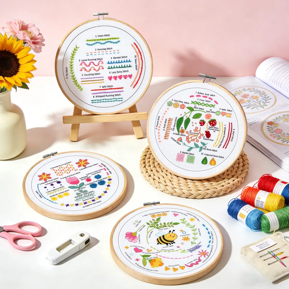 MAKEASY Stickerei Set,Stickerei Starter Kit, Bambus Stickrahmen, Kreuzstich Tools für Erwachsene und Kinder Anfänger