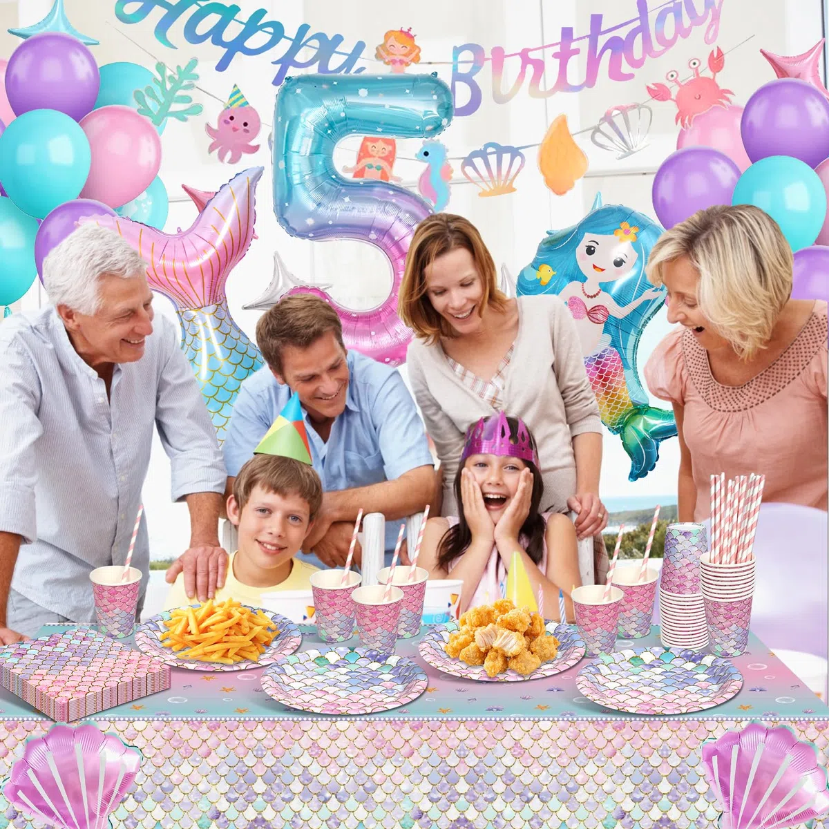 Meerjungfrau Partygeschirr Set, Meerjungfrau Geburtstag Deko 5 Jahre, Geburtstag Party Geschirr, Pappteller Kindergeburtstag Deko mit Luftballons für Geburtstagsdeko Mädchen 5 Jahre 16 Gäste