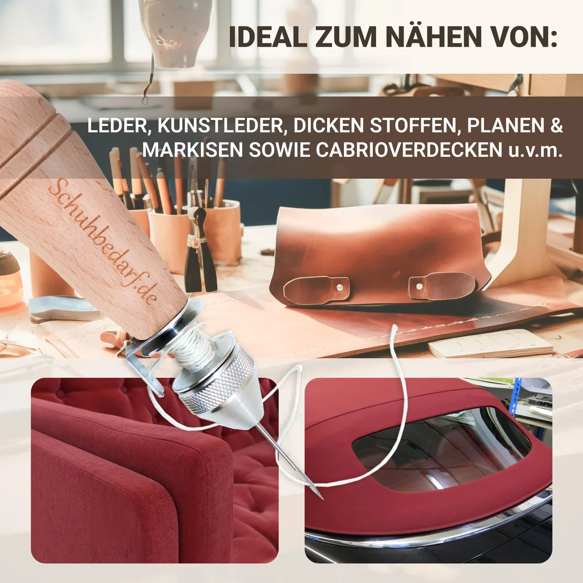 Handnähapparat/Nähahle mit Fadenspule - Handnähmaschine für Dicke Stoffe, Planen, Cabrioverdecke und Segeltuch - inkl. 4 Ledernadeln - Made in Germany