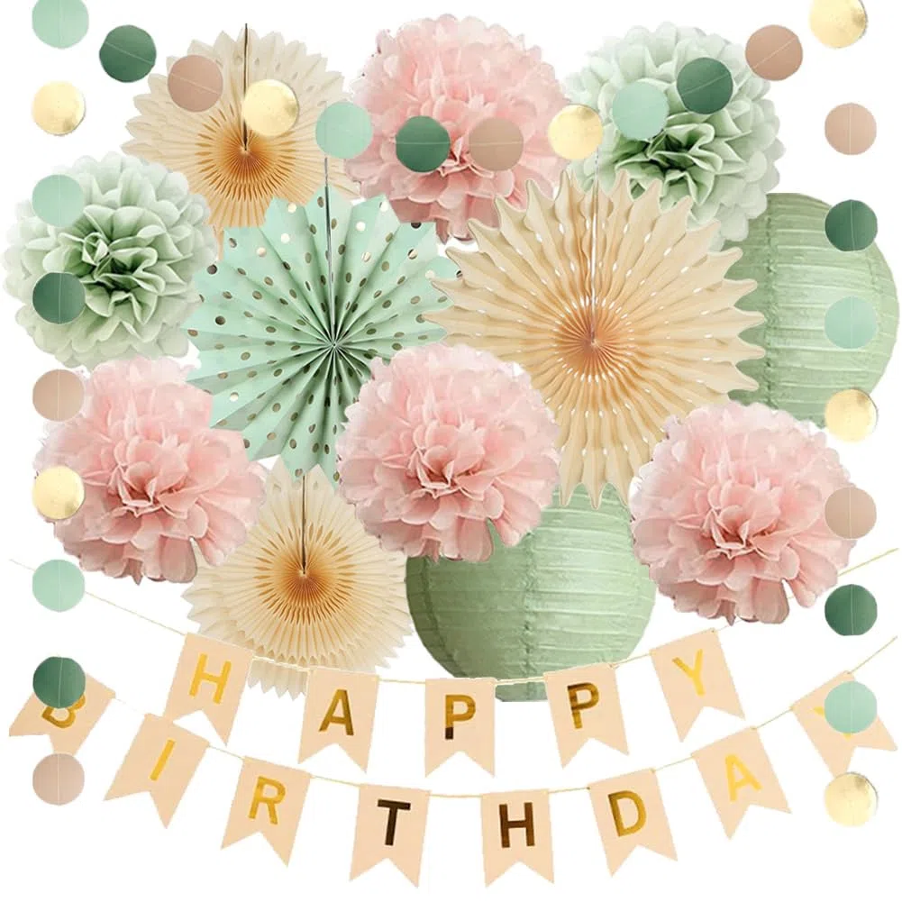 Geburtstagsdeko Salbeigrün Hellrosa Mädchen Deko Geburtstag Salbeigrün Rosa Boho Geburtstagsdeko Hellrosa Pastellgrün mit Happy Birthday Banner Beige Gold für Frauen