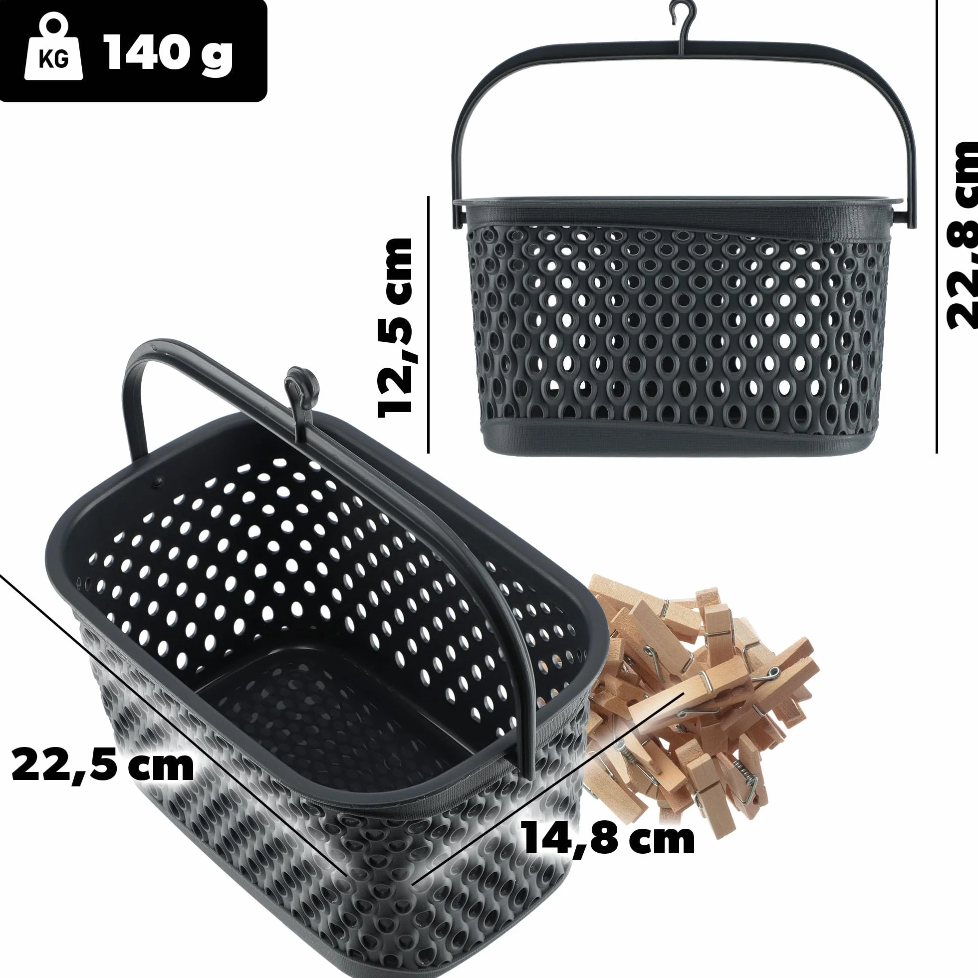 KADAX Klassischer Wäscheklammerkorb, Klammer Korb für Wäscheleine, Klammerkorb zum Aufhängen, Klammerbeutel für Wäscheklammern, Körbchen mit Haken (Grau)