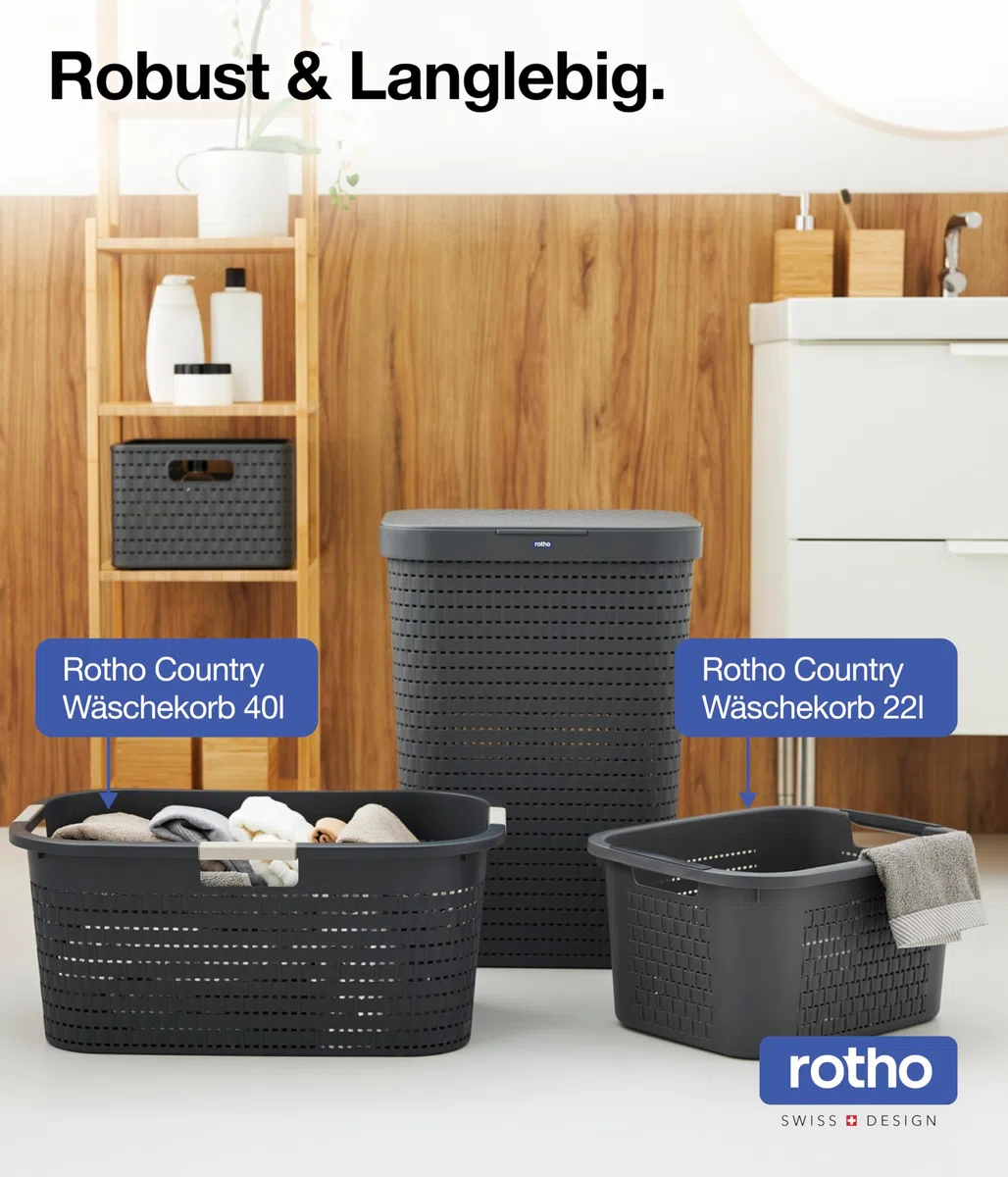 Rotho Country 3er-Set Wäschesammler Kunststoff mit Deckel 55l | Wäschekorb schmall in Rattan-Optik | Deckel öffnet komplett | angenehm zu tragen | einfach zu reinigen & hygienisch | anthrazit