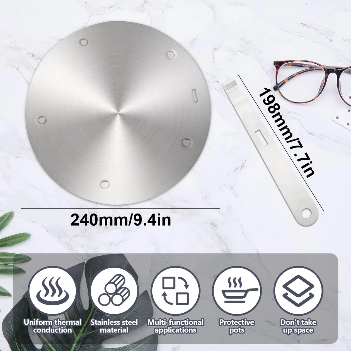Induktion Adapterplatte Ø24cm, Induktionsplatte für Normale Töpfe, aus Edelstahl, mit Abnehmbarem Griff, Adapterplatte für Induktionsherd, Gleichmäßige Wärmeverteilung (24cm)