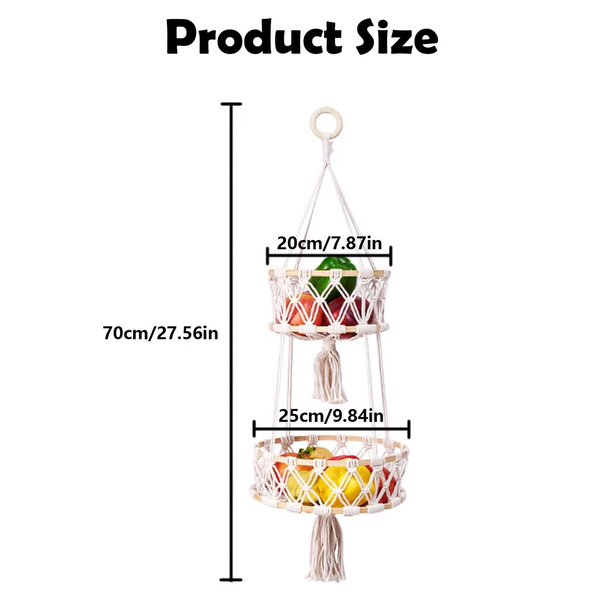 Vegetable Basket, 2 Tier Boho Hanging Handmade Kitchen, Living Room, Bathroom