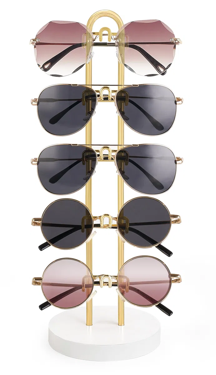 Mkono Sonnenbrillen-Organizer, Brillenhalter, Ständer, Sonnenbrillen-Aufbewahrung, Brillenregal, Metallrahmen mit Holzsockel, für 5 Paar Brillen-Display für Tisch, Schreibtisch, Dresser, Gold