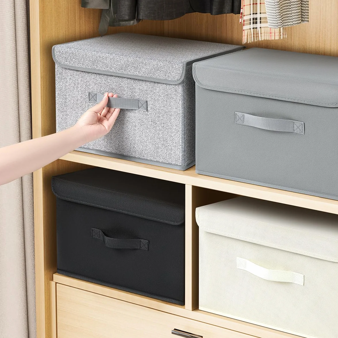 Homsorout Aufbewahrungsboxen mit Deckel, 38x25x25cm, Schwarz, 4er Set | Aufbewahrungskorb Stoff Faltbare, Ordnungsboxen Kleiderschrank Organizer, Für Kleidung, Schrank, Würfelregal, Socken