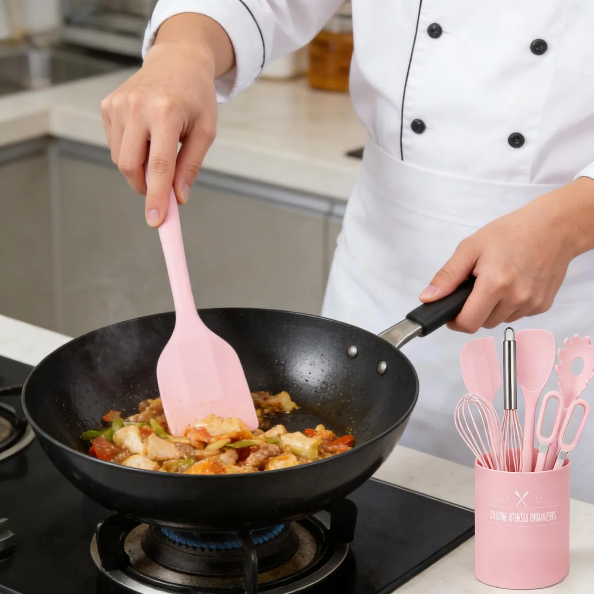12 Stück Küchenhelfer Set, Silikon Küchenutensilien, Antihaftbeschichtet Kochlöffel Set mit Utensilienhalter, Geeignet Für Kochen (Rosa)