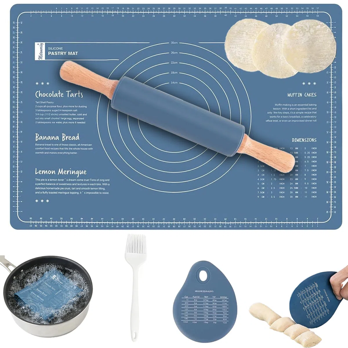 Nudelholz Silikon Teigroller mit Holzgriff, 60 x 40 CM Blau Ausrollmatte, Backmatte Silikon + Teigkarte + Pinsel, Extra Dick Rutschfeste Backunterlage für Fondant Gebäck Pizza, BPA Frei