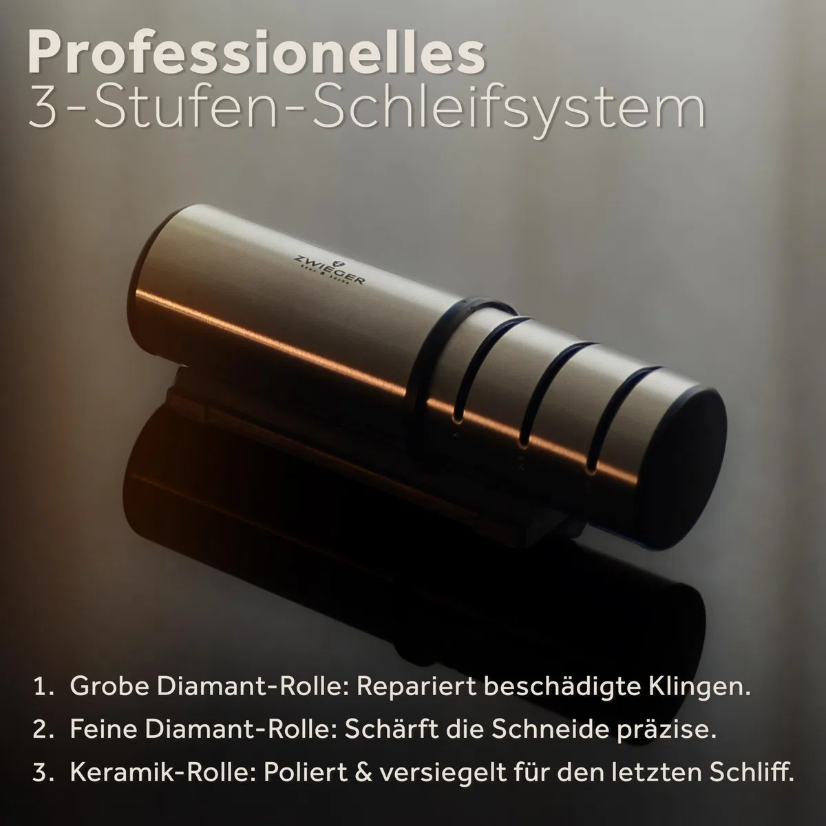 ZWIEGER Diamant Messerschärfer Profi mit Rollschleifer-Technologie – Messerschleifer mit 3 Stufen: 2 Diamant-Rollen & 1 Keramik-Rolle – Moderne Rollschleifer-Lösung – Rutschfester Boden