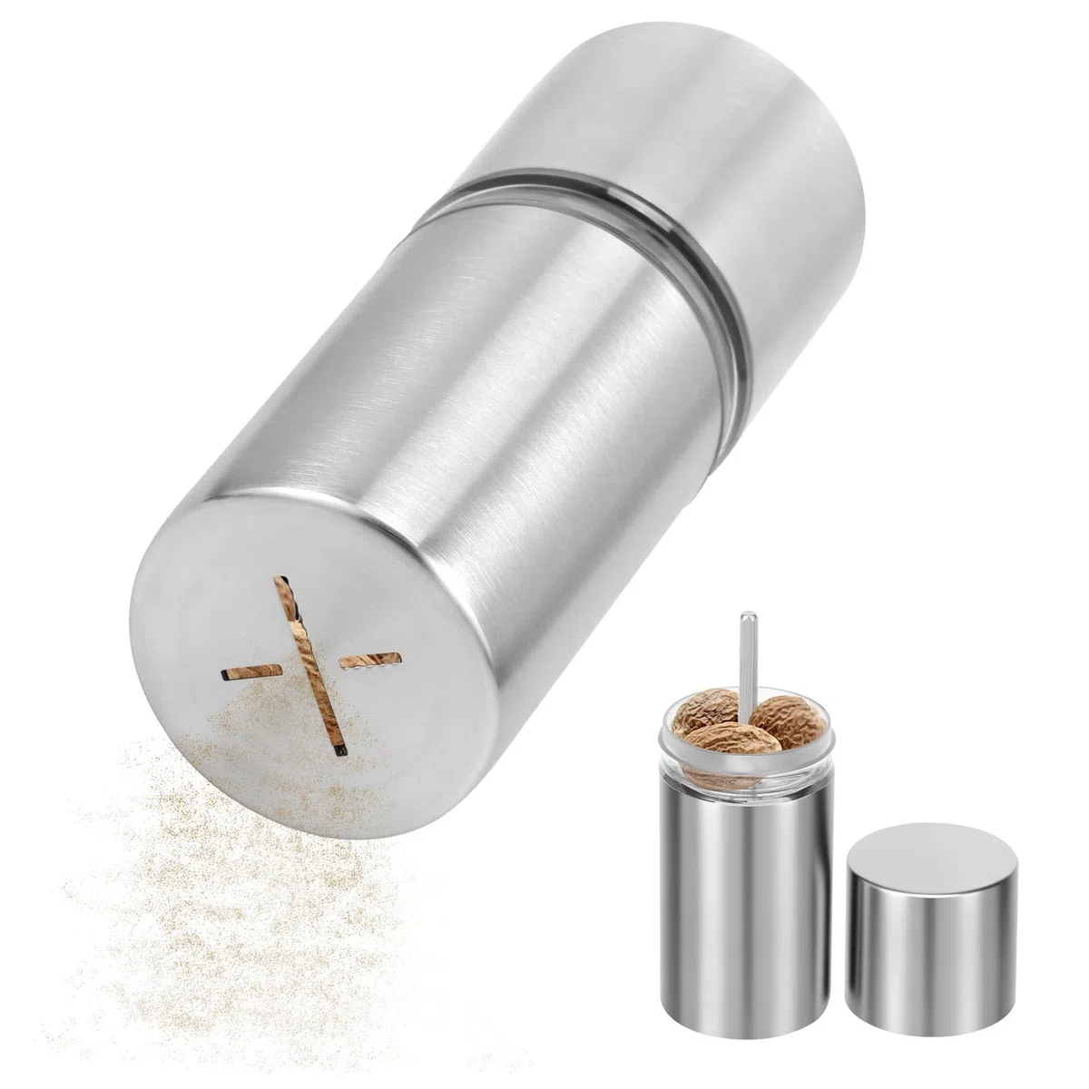 Muskatnuss Mühle,Edelstahl Gewürzmühle mit Vorratsbehälter, Muskatmühle für Myristica,Gewürze,Langpfeffer und Nüsse Tonkabohnen,Muskatnuss Reibe,Manuelles Gewürzreibe für Küche,Cafés(silbrig)