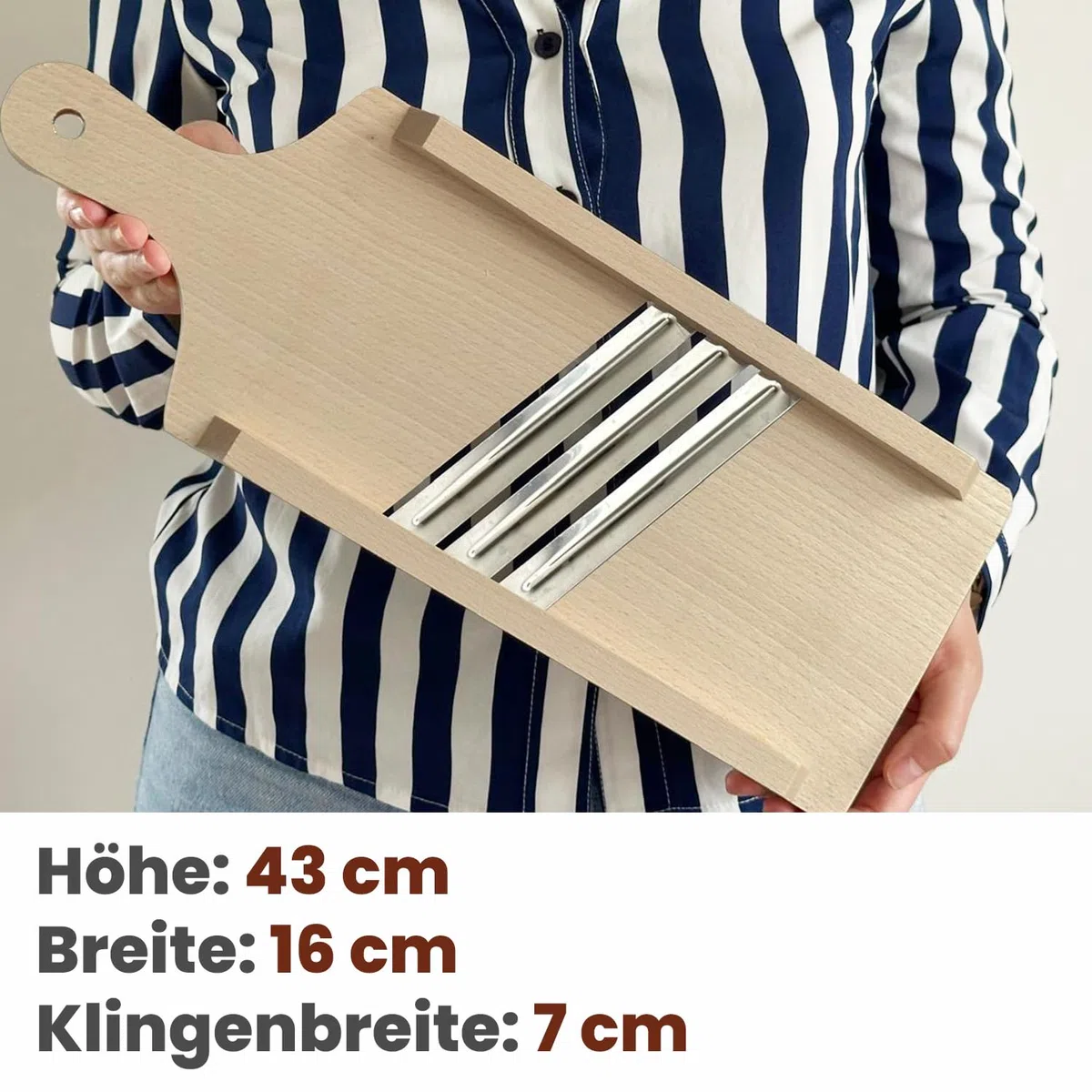 Krauthobel Holz mit 3-facher Klinge aus Edelstahl 43 x 16 x 3 cm | 43 x 16 x 3 cm, Massivholz, Groß, Stabiler Griff, 3 Edelstahlklingen, Leicht zu reinigen, Schneidet schnell
