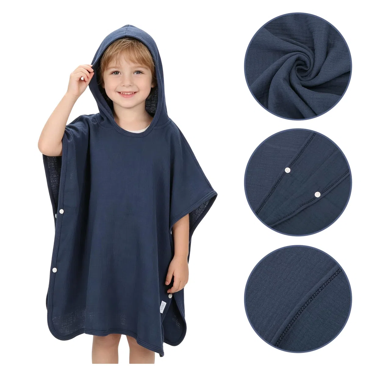 Badeponcho Kinder, Handtuch Poncho aus 100% Musselin Baumwolle, Poncho Handtuch mit Kapuze Waschbar, Badehandtuch für Baden Schwimmbad Strand Baby Jungen Mädchen Kleinkind (Navy Blau)