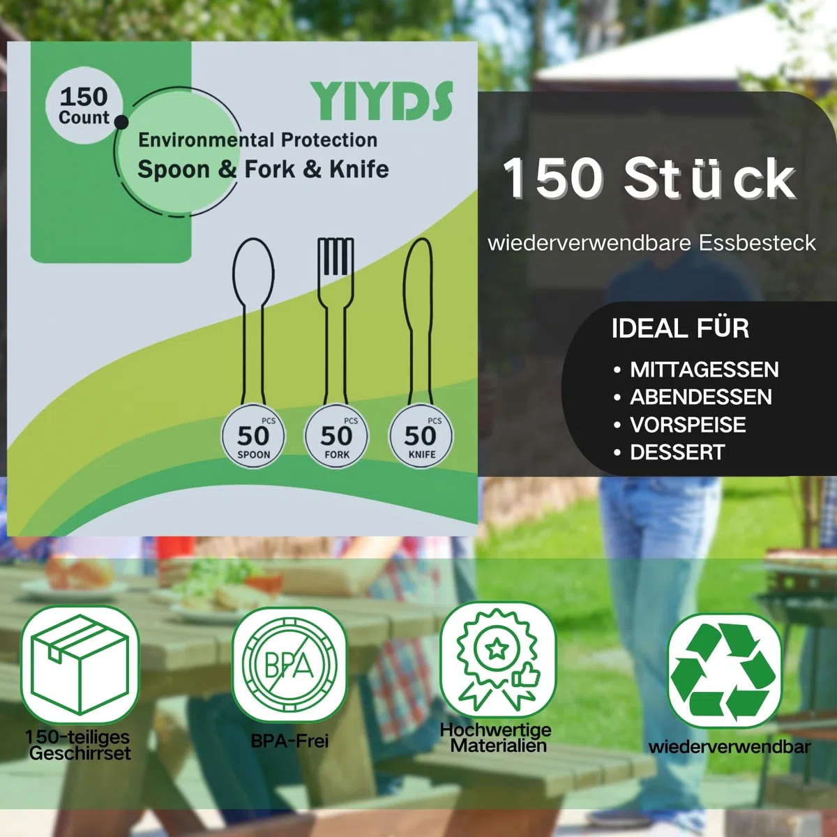 150 Stück Plastikbesteck, Strapazierfähiges Besteck Set aus Kunststoff, Party Hochzeit, schwarz,Messer, Gabel und Löffel je 50pcs Wiederverwendbar,Bestanden die LFGB-Lebensmittelsicherheitsprüfung