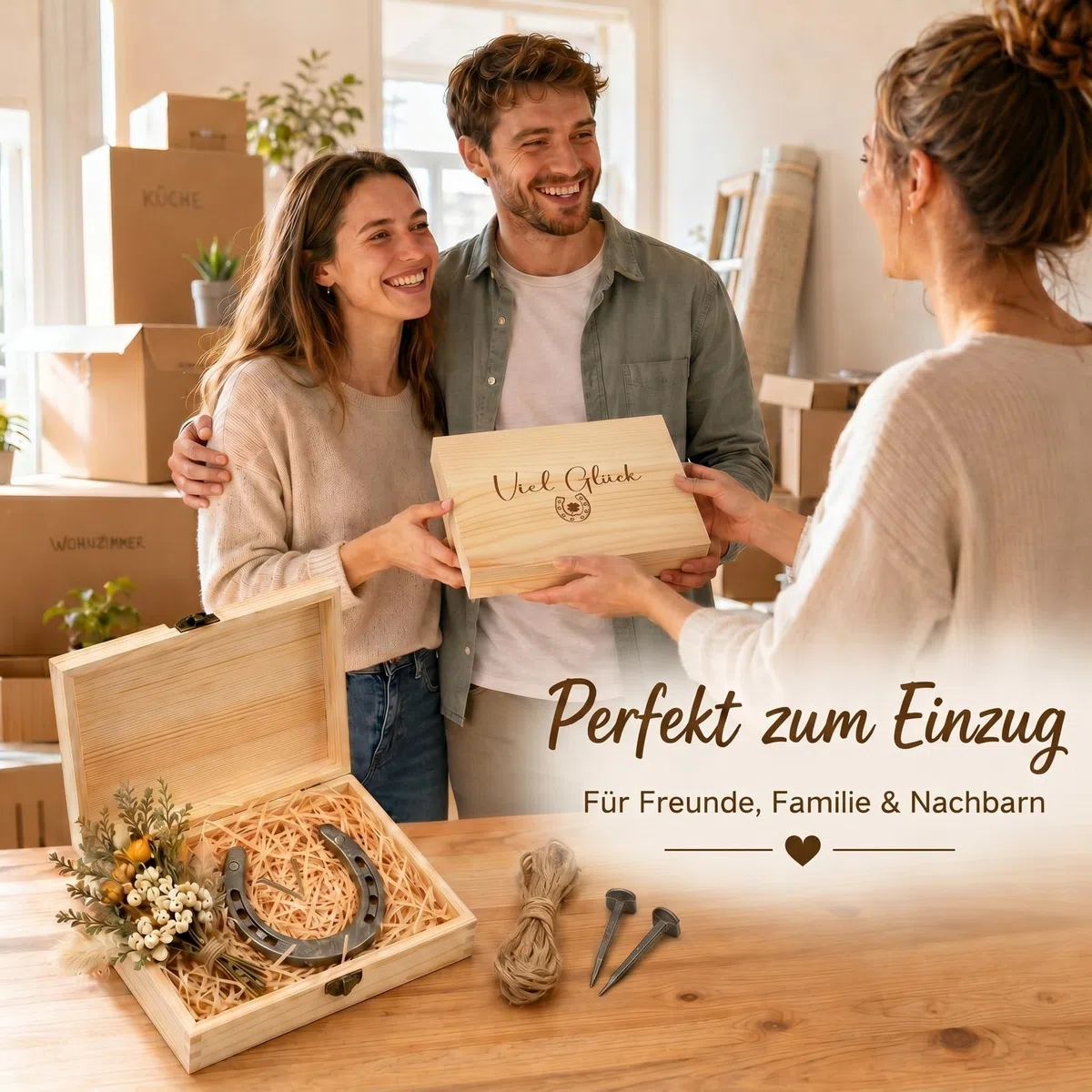 Hestya Hufeisen Glücksbringer Richtfest Geschenk Geburtstag Prüfung Glückshufeisen mit Viel Glück Holzkiste Hufeisen Deko Geschenk zum Einzug Hochzeit Einweihungsgeschenk Geschäftseröffnung