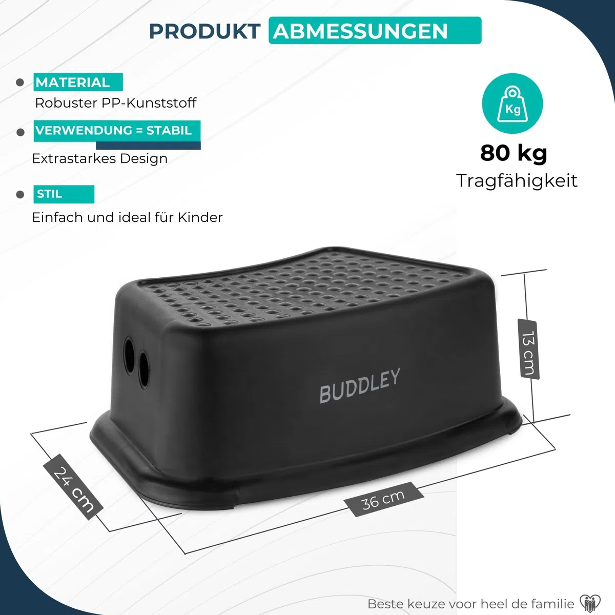 BUDDLEY Tritthocker Set 2X - Kindertritt - Badezimmer - Küche - Antirutsch - Kunststoff - Schwarz - Belastbar 80 kg