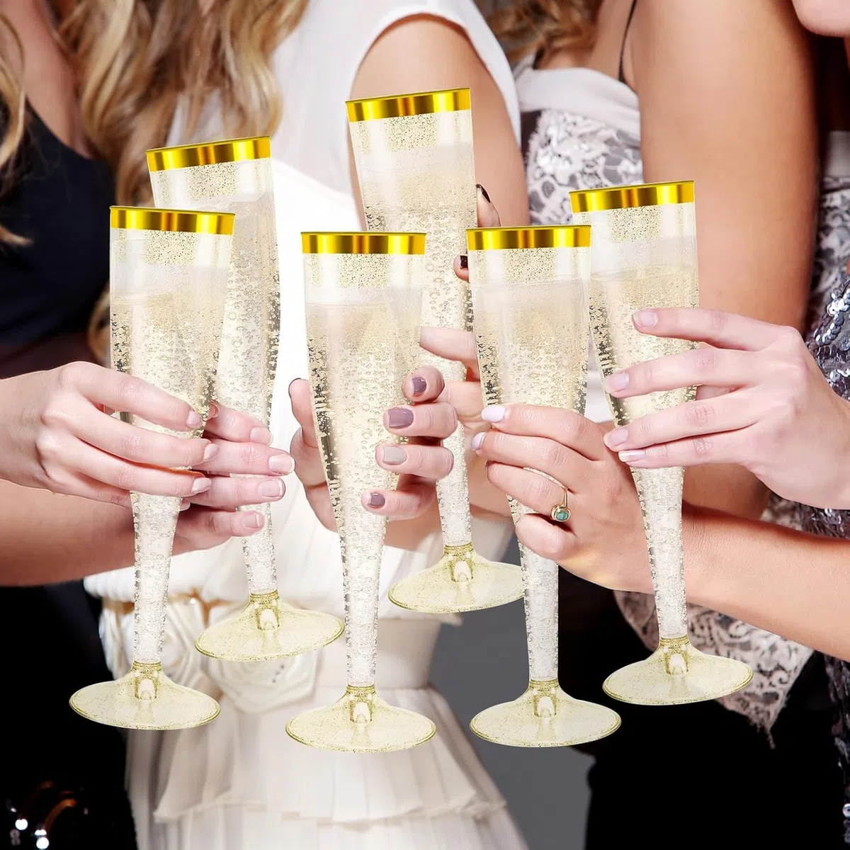 Sektgläser Plastik 30 Stück Kunststoff Champagner Gläser 150ml Goldene Kante und Glitter Sektglas Mehrweg Plastik Sektgläser für Geburtstag Hochzeit Party Picknicks Outdoor(Gold)