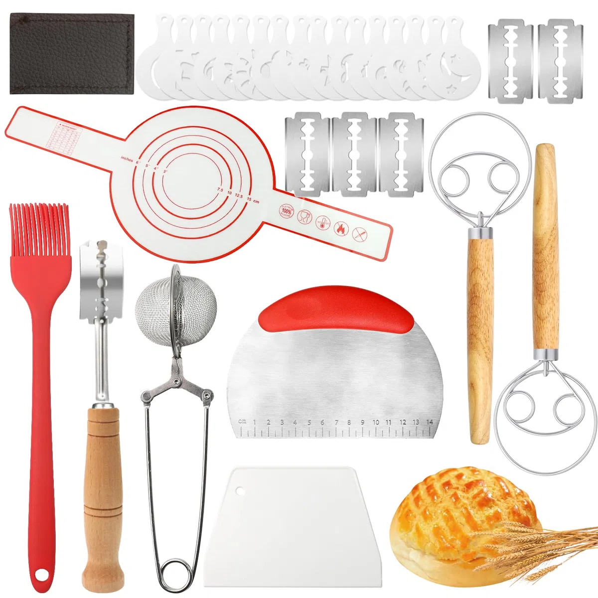 Sauerteig Zubehör Bäckermesser, Bäckermesser Set,Sauerteig Starter Inkl.2 Stk Dänischer Schneebesen,Teigmesser mit 5 Bäckerklinge Teigschneider,Backpinsel (9, Premium-Set)
