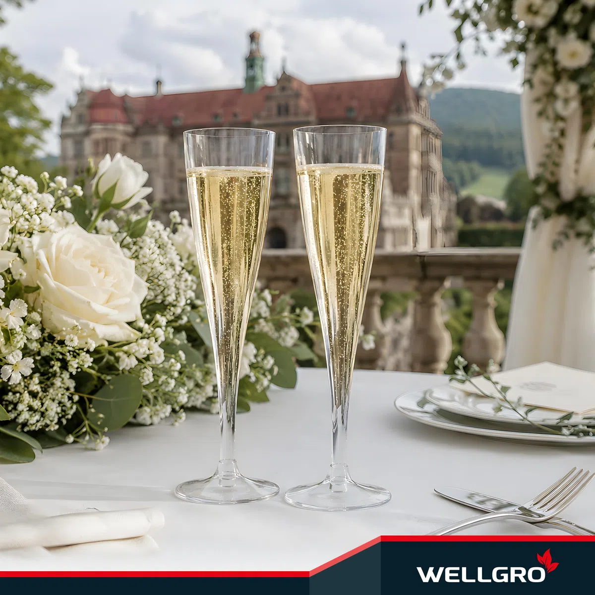 WELLGRO Sektgläser Set aus Kunststoff 100ml mit Eichstrich Sektkelch glasklar BPA-frei Mehrweg Wiederverwendbar Champagner Prosecco, Stückzahl:30 Stück