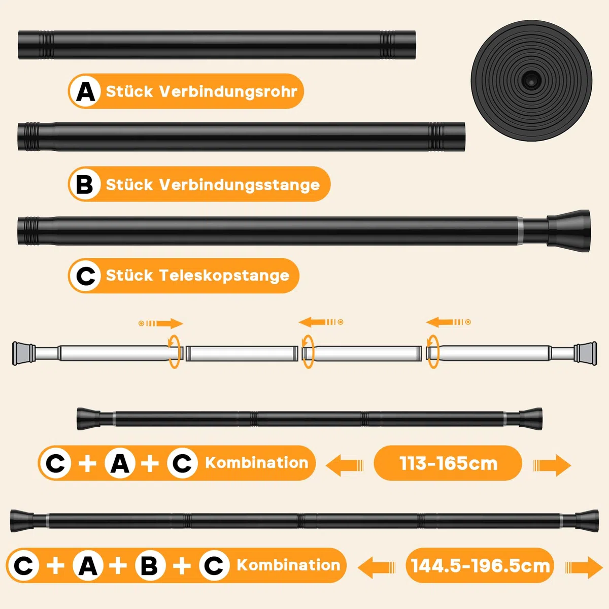 1Stück Teleskopstange ohne Bohren 120-200CM (passt für 120-196,5CM) - Gardinen- und Duschvorhangstange, Rostfrei & Verstellbare Klemmstange für Vorhänge, Dusche, Fenster, Badezimmer - Schwarz