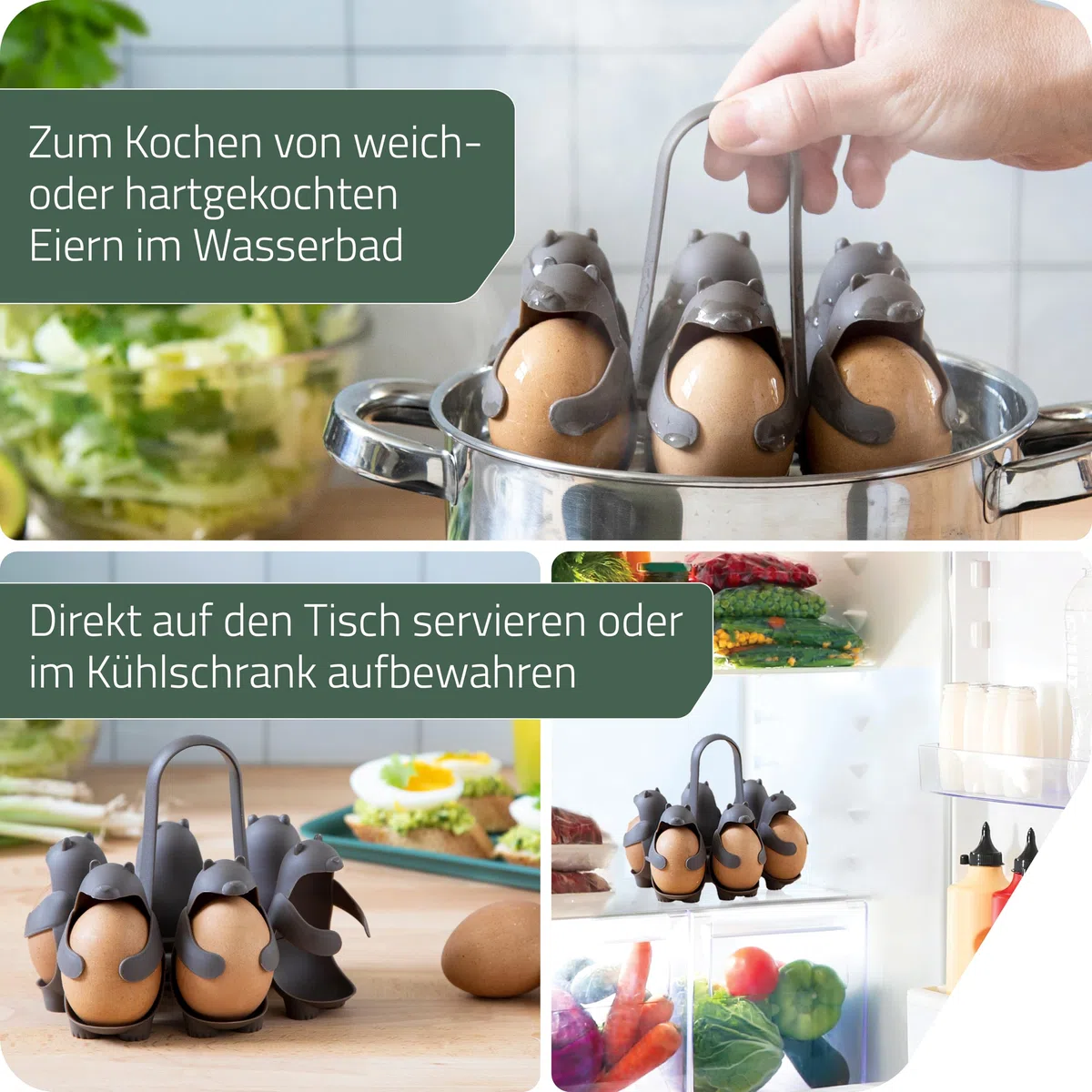 PELEG DESIGN – Egguins-förmiger Eierspender & Eier Aufbewahrung – Eierkocher & Kühlschrank Organizer für 6 Eier – Perfekt für Weich- und Hartgekochte Eier (Eggbears)