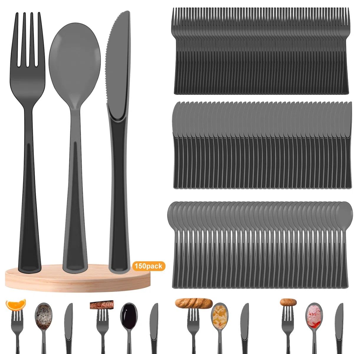 150 Stück Plastikbesteck Set, Enthalten Plastikgabeln, Plastiklöffel, Plastik Messer, Party Besteck Plastik für Familienfeiern, Outdoor Dinner, wiederverwendbar Geschirr