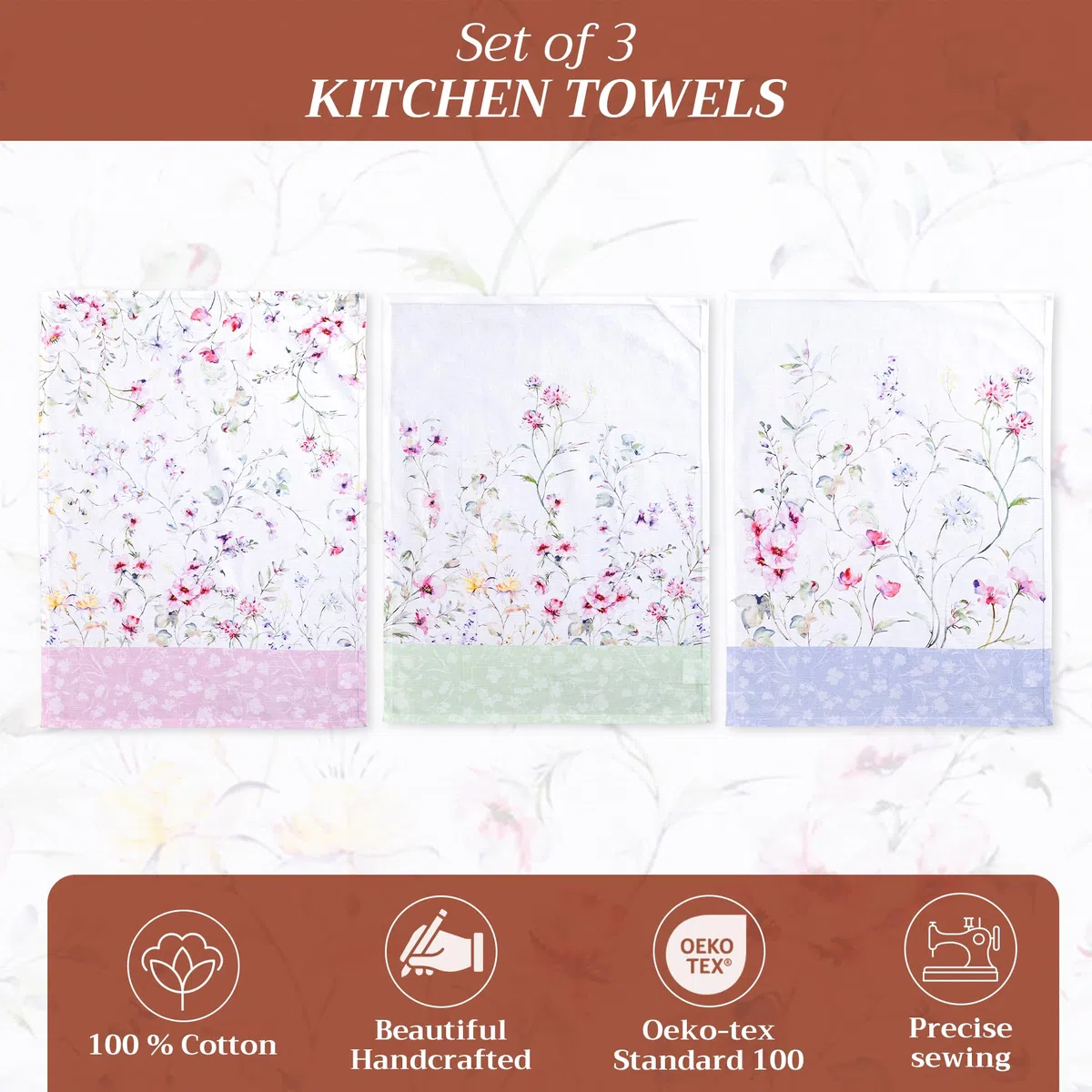 Maison d'Hermine Küchenhandtücher, 3er-Set, 100% Baumwolle, 70 x 50 cm, wiederverwendbar, saugfähig, mit Aufhängeschlaufe, ideal für Küche und Esszimmer,Frühjahr Sommer - Summer Floral