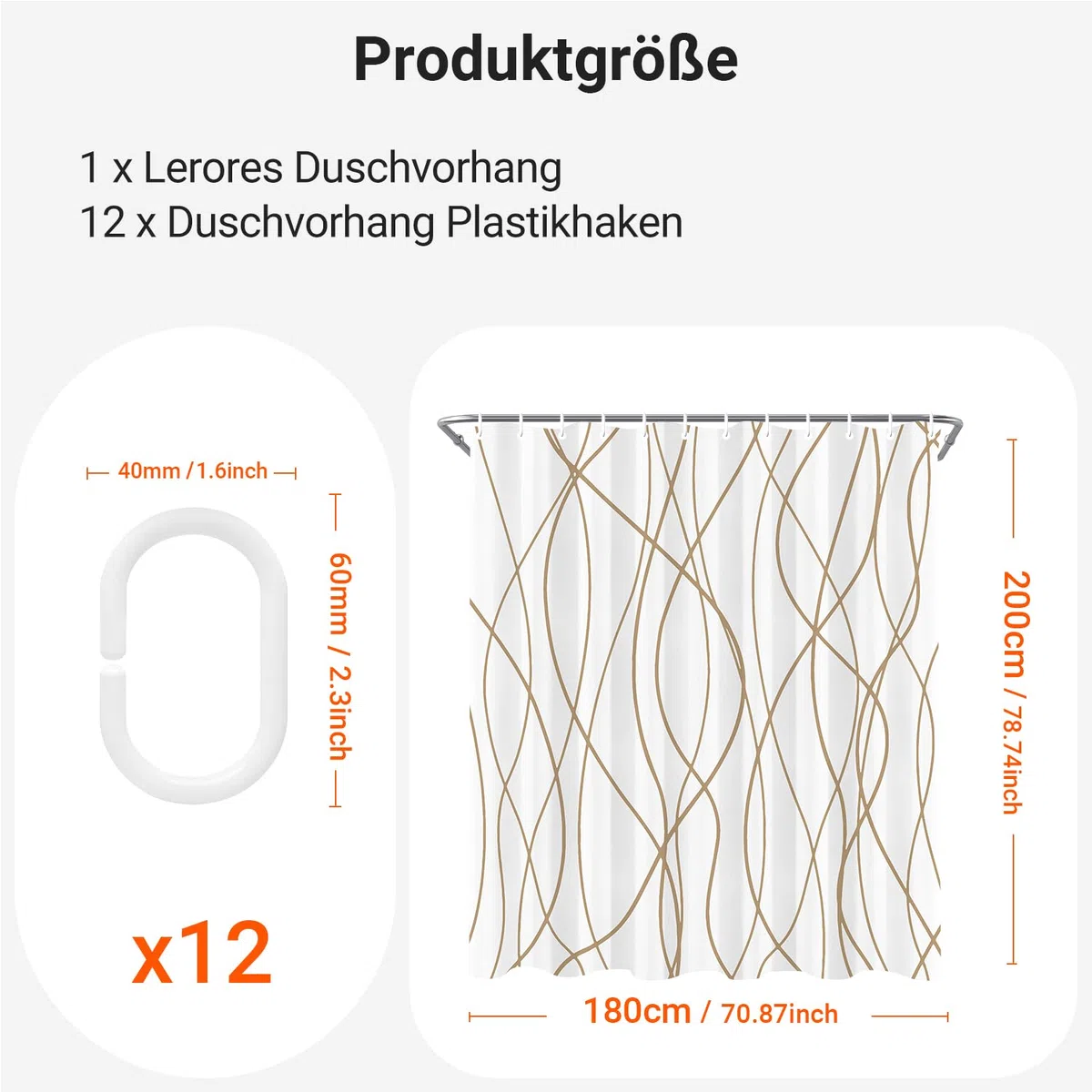 Lerores Duschvorhang 180x200 cm Beige Geometrische Kurve, Beschwerter Saum Antischimmel, Wasserabweisend, Waschbar Polyester Badevorhänge mit 12 Ösen und Duschvorhangringen für Badezimmer, Badewanne