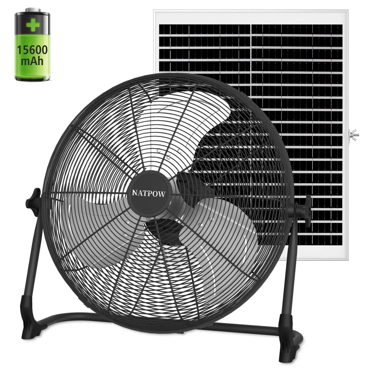 NATPOW Solar Ventilator Groß, 30cm Solarlüfter mit USB-A Aufladung, 15W Bodenventilator Leise, Zwei Lademöglichkeiten Windmaschine mit Solarpanel und Adapter, für Camping Baustelle Gewächshaus