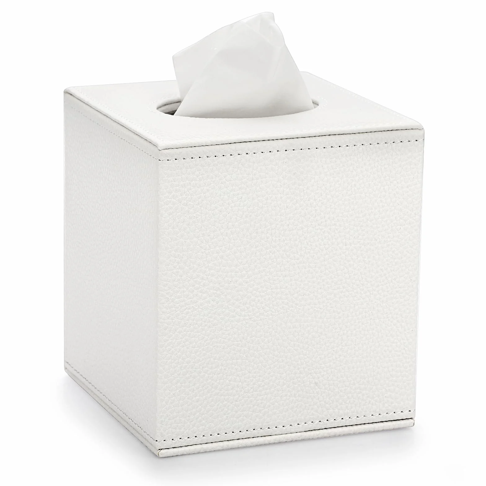 BTSKY Würfelförmiger Taschentuchhalter aus PU-Leder – Haushalt/Büro, quadratische Taschentuchbox, strukturierter Seidenpapier-Box, Serviettenhalter, weiß