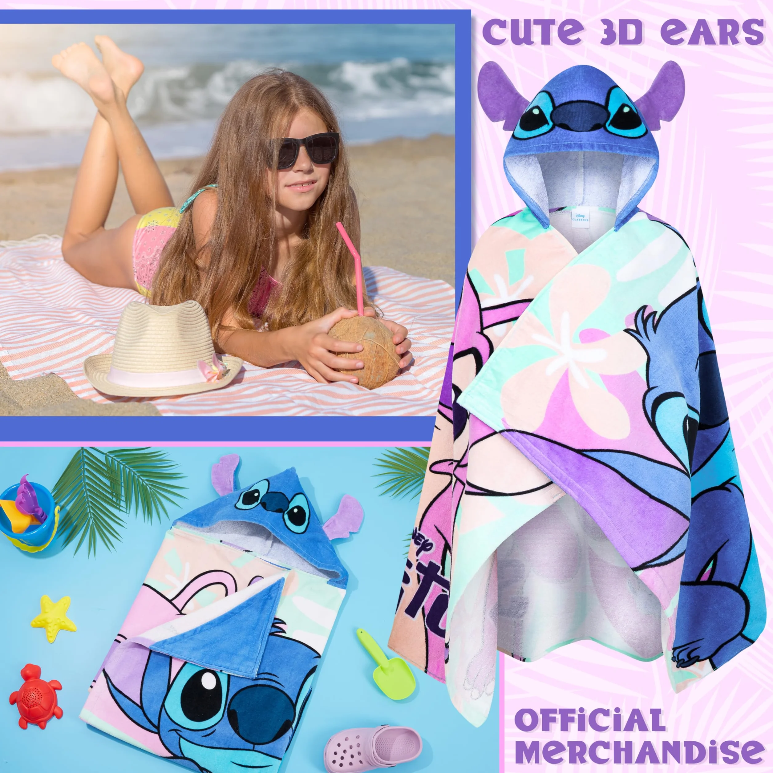 Disney Stitch Badetuch Poncho Badeponcho Kinder Strandtuch Mädchen mit Kapuze Weiches Schnelltrocknendes Handtuch für Strand Schwimmen (Blau/Mehrfarbig Stitch, 6-14 Jahren)