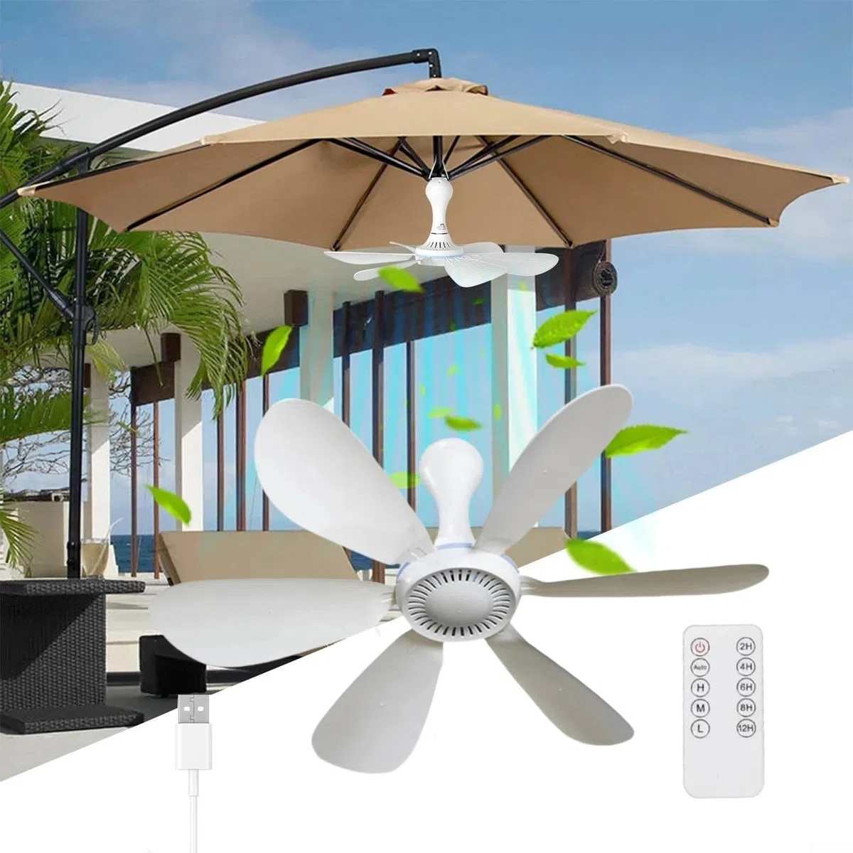 USB-Deckenventilator mit Fernbedienung und 6 Flügeln für Camping, Zelt, Schlafsaal, tragbar, leiser Zirkulator mit einstellbaren Einstellungen, weißes leichtes Design für den Innen- und Außenbereich