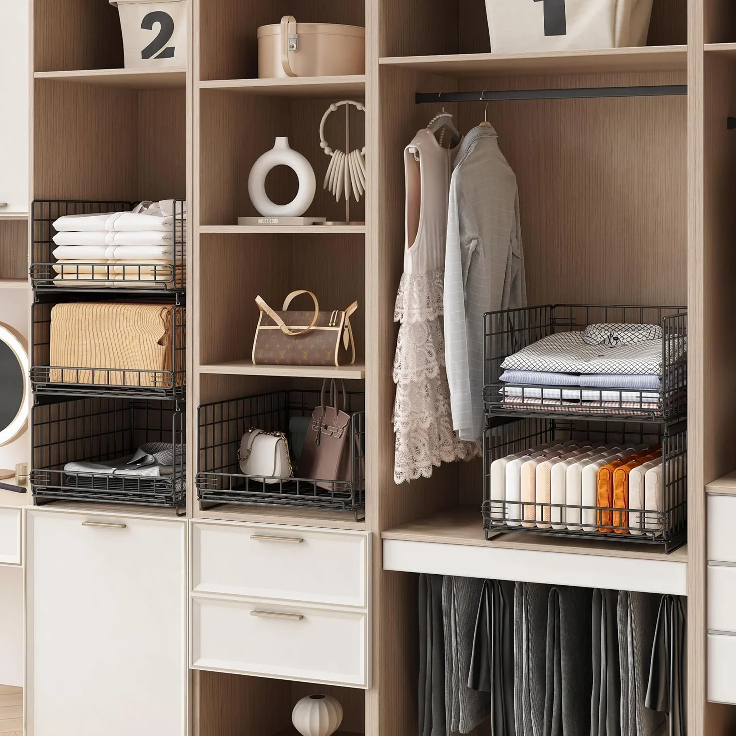 UMDONX 3 Stück Schrank Organizer Kleiderschrank,Ordnungssystem Kleiderschrank,FüR Garderobe,Küche,Wohnzimmer,Waschküche(Schwarz)