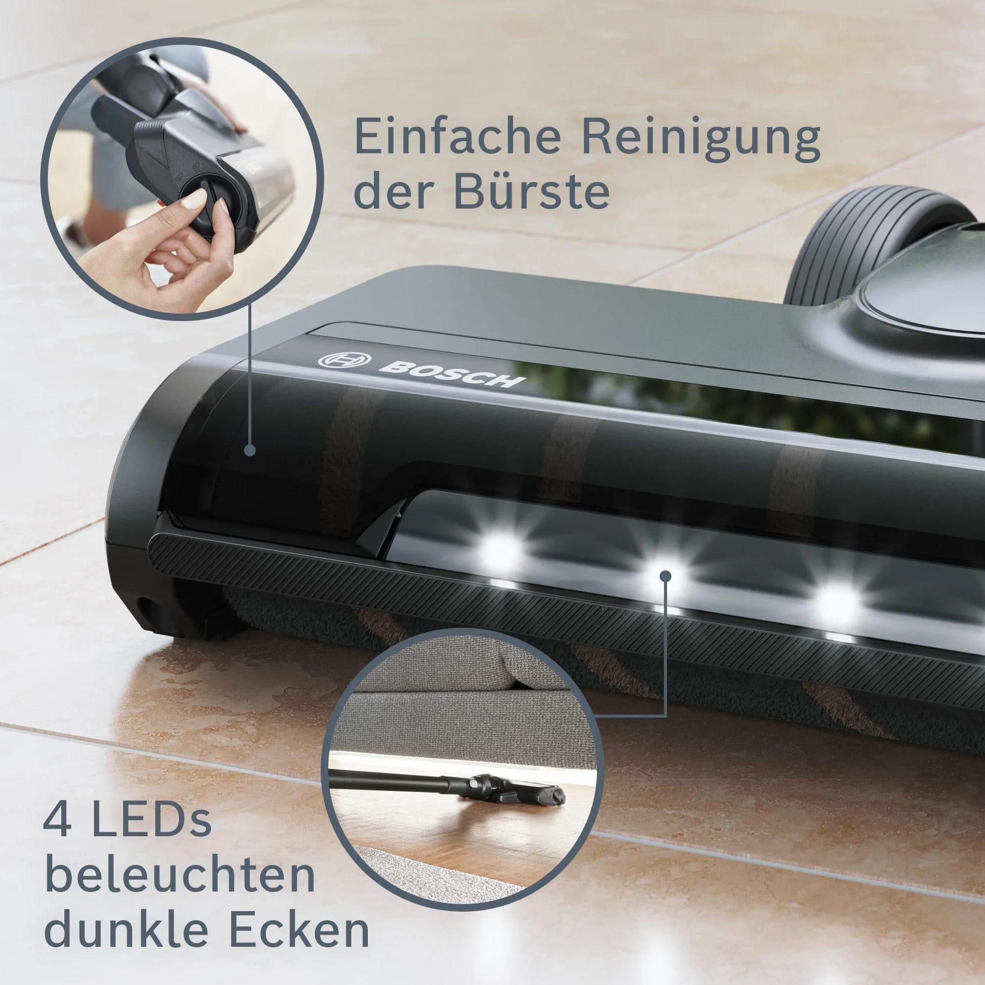 Bosch Hartboden-Softdüse mit LED-Beleuchtung BHZUHFN, geeignet für Unlimited 6, 7 und 8 Akku-Staubsauger, ideal für Parkett und Fliesen, sanfte Reinigung, Original-Zubehör, langlebig, schwarz