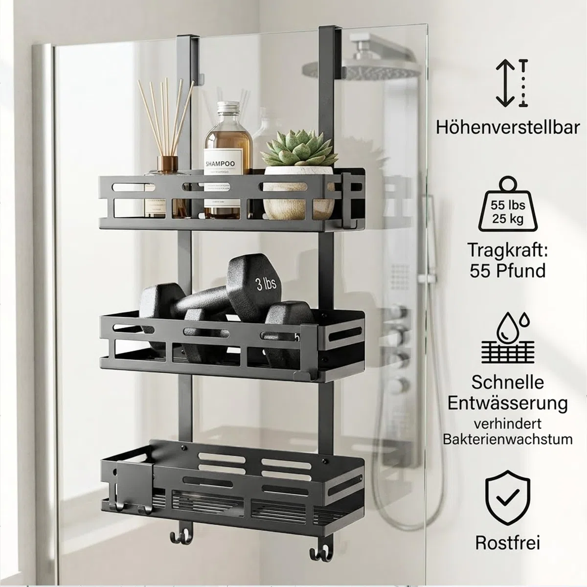 Vorlestour Duschablage 0hne Bohren Schwarz, Duschablage zum Hängen für Duschkabinentür, Duschregal zum Hängen mit 3 Duschkorb, 6 Saugnäpfe, 1 Glaswischerhaken und 2 Beweglichen Haken Ausgestattet