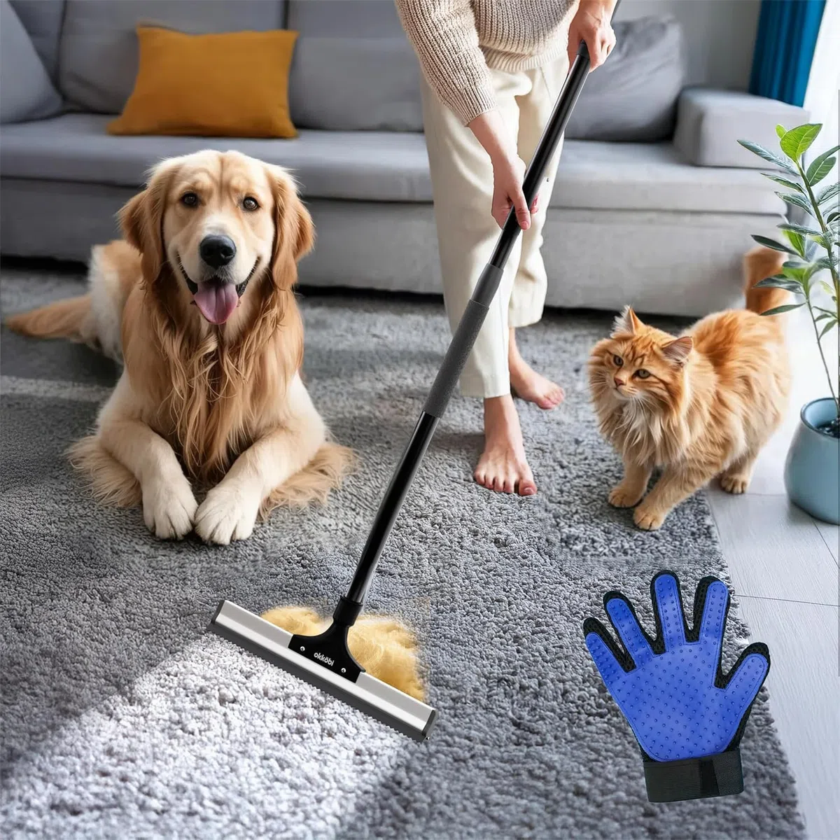 Carpet Rake - Fellfeger Besen – Pet Hair Remover für Teppich & Möbel – Gummibesen mit Stiel – Hundehaare Entfernen – Teppich Bürste für Tierhaare – Fellfeger für Teppiche & Böden