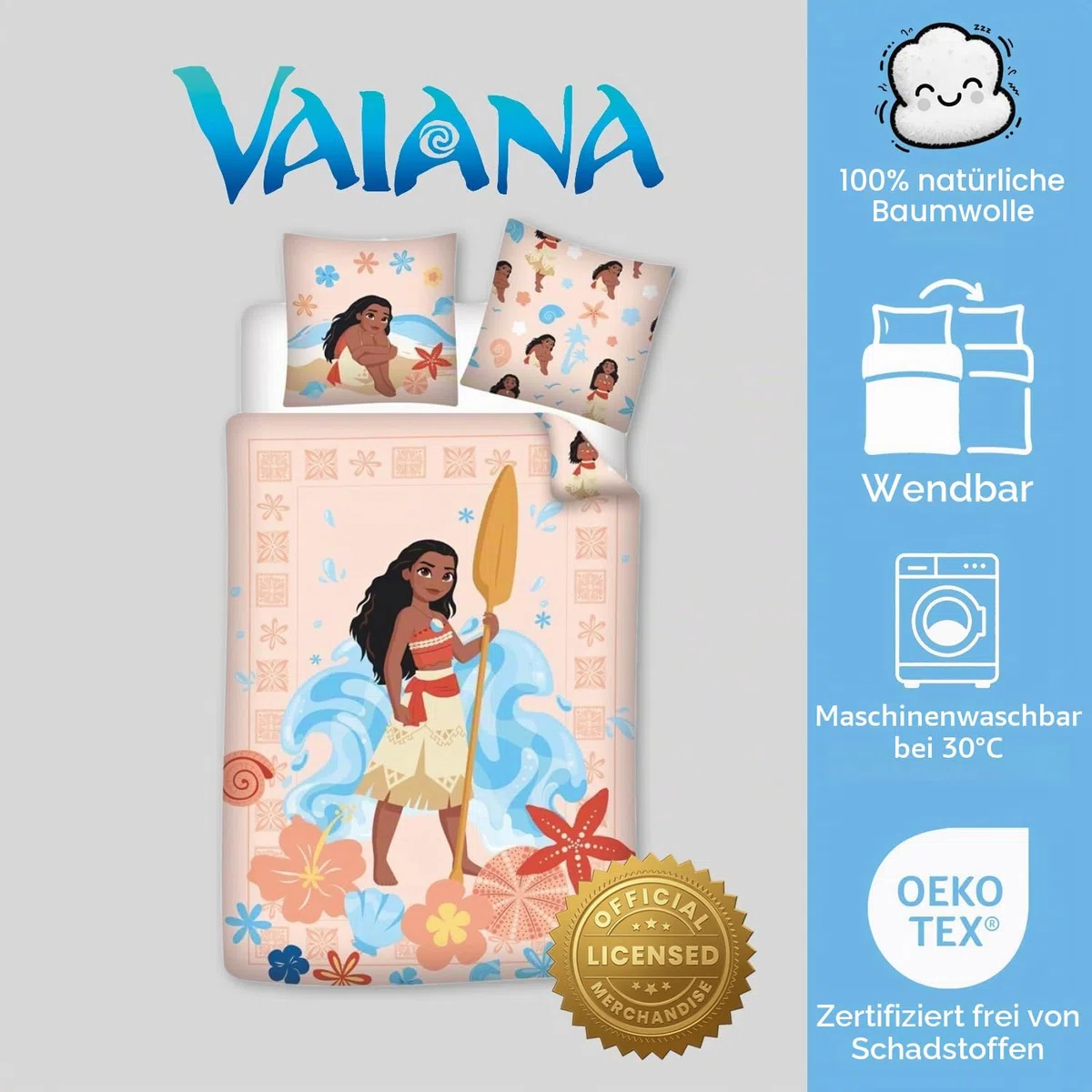 Vaiana Kinderbettwäsche 140x200 + Kissenbezug 65x65 100% Baumwolle Knöpfe | Wendebettwäsche Einzelbett | Naturbaumwolle atmungsaktiv Oeko-Tex | Disney | Mädchen | Knopfverschluss | Maschinenwaschbar