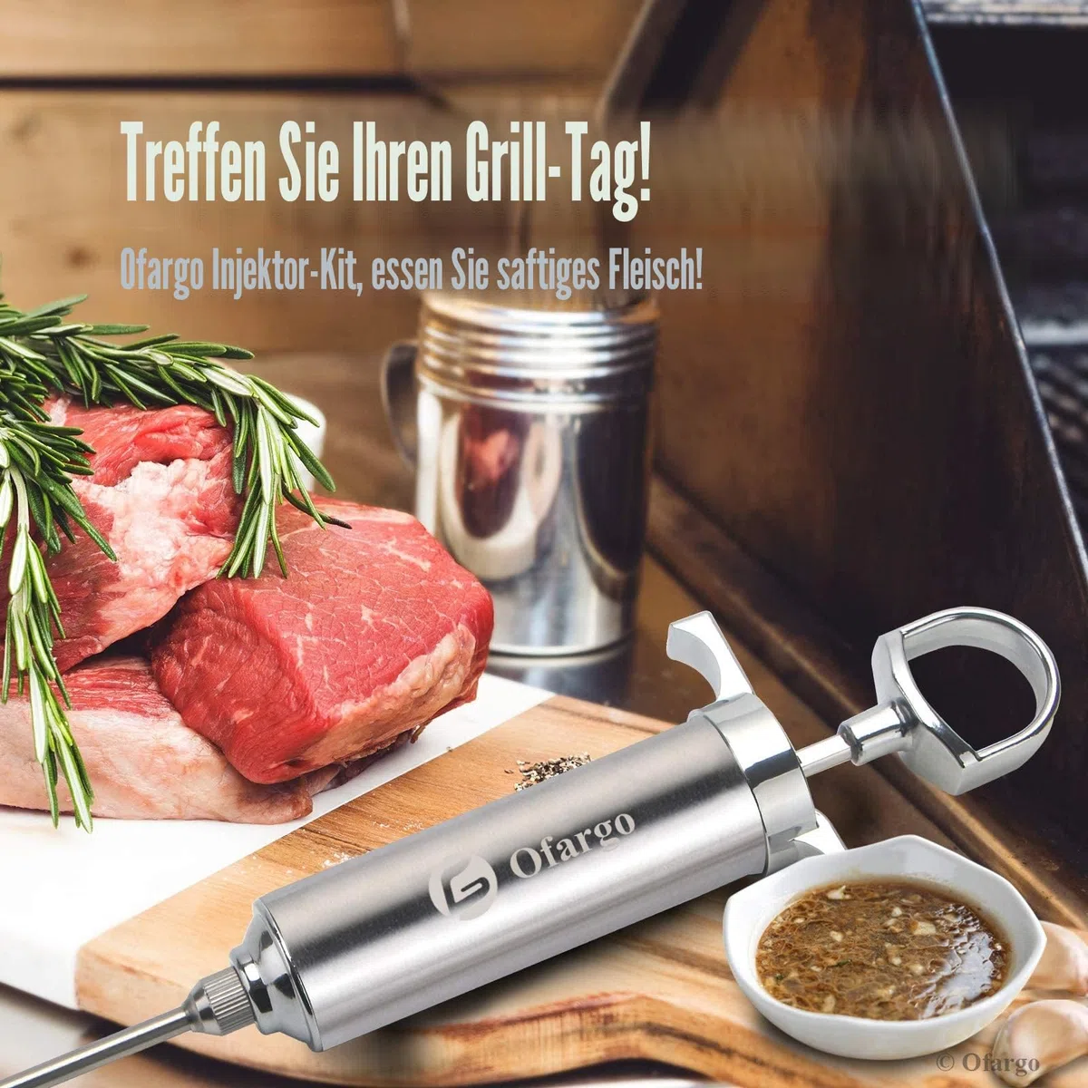 Ofargo Fleischspritze aus 304-Edelstahl, mit 4 Marinadennadeln für Holzkohlegrill, 60 ml Fassungsvermögen, E-Book mit Rezepten (PDF zum Herunterladen)