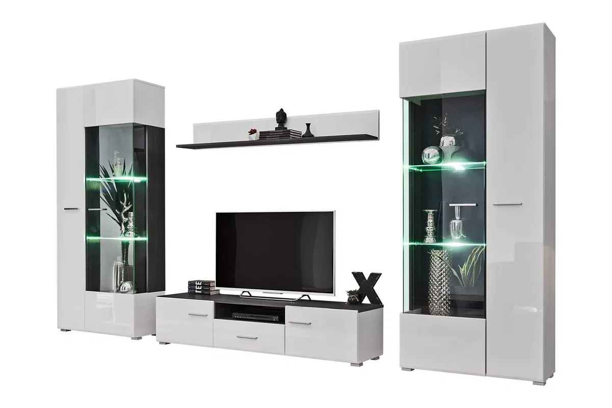 Generisch Wohnwand SOLIDO Twin Wohnzimmerset TV Wand Weiß Hochglanz Anbauwand Wohnzimmer Fernsehwand