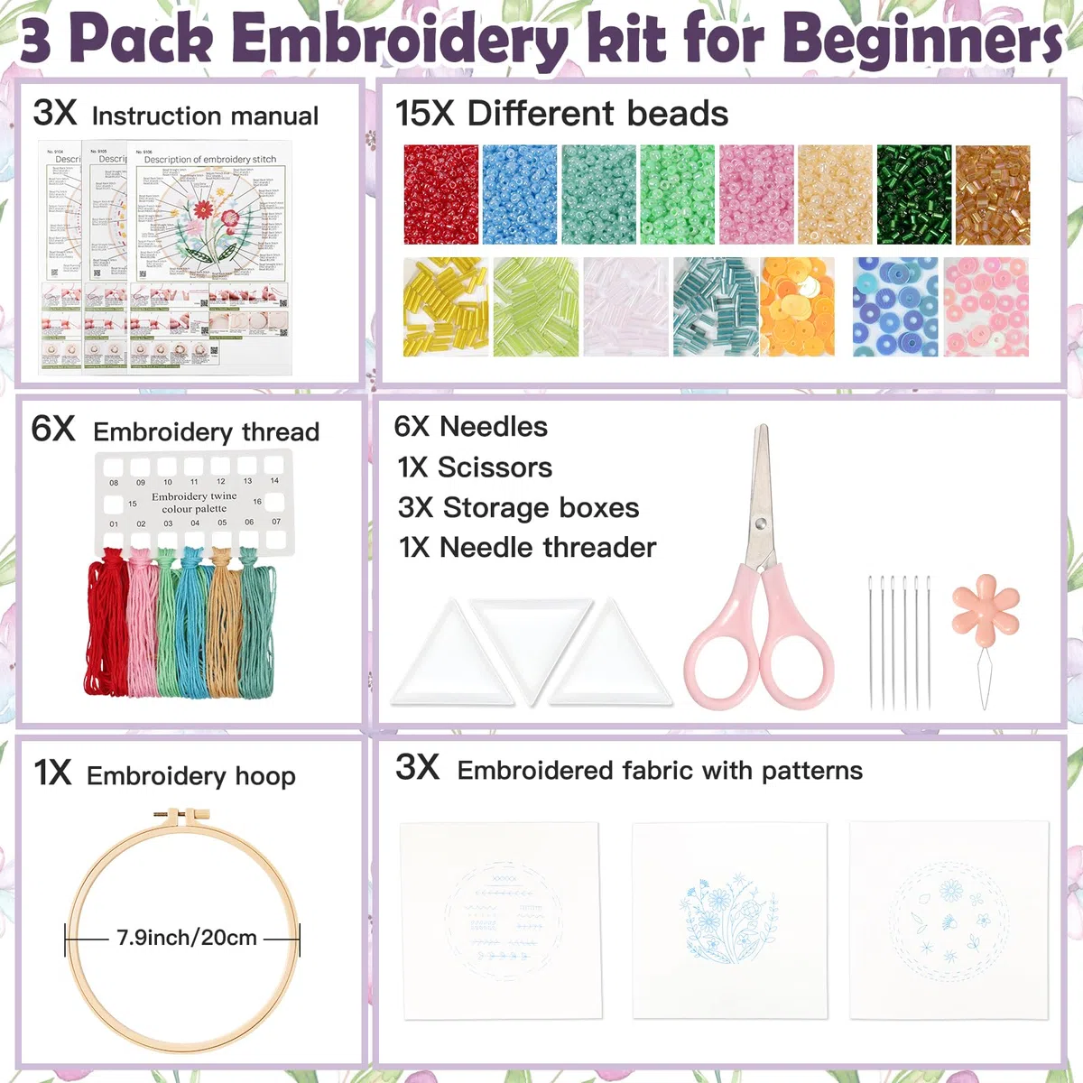 UXORSN Stickset für Anfänger 3 Sets Sticken Set Erwachsene Perlen Pflanzen Blumenmuster Stickerei Set Kreuzstich Kit mit Kunststoff Stickrahmen Anleitung und Werkzeuge DIY Kunst Weihnachten Handwerk
