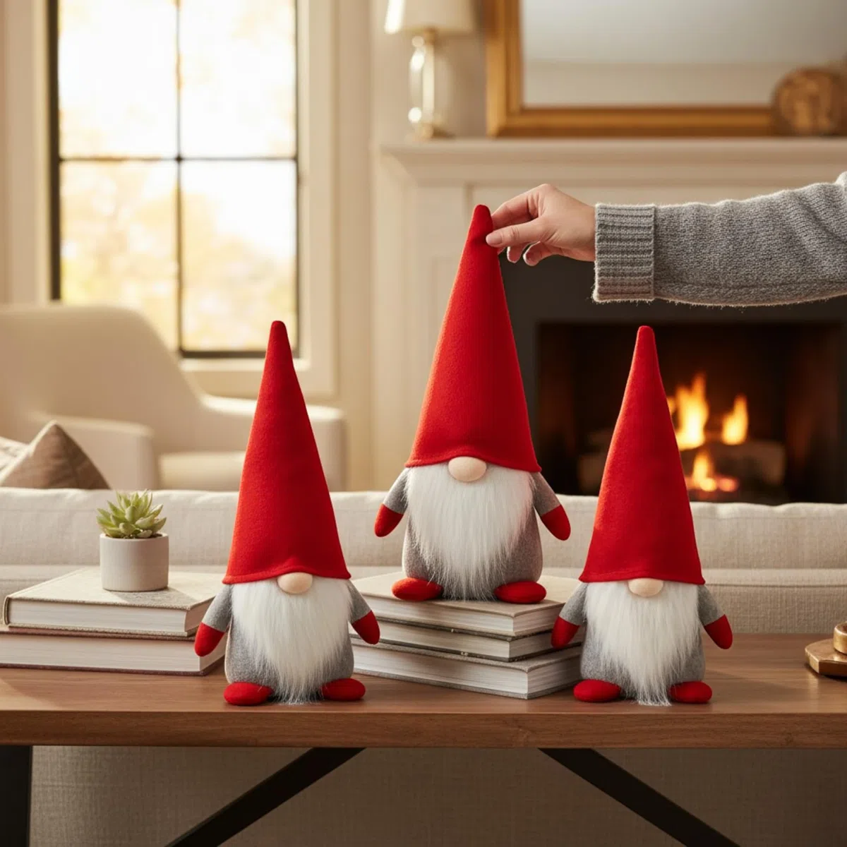 MIJOMA Weihnachtswichtel 3er Set - Deko-Wichtel mit hoher Mütze - skandinavische Stoff-Zwerge - 22 cm - Winterdeko Figuren für Weihnachten & Advent - stehende GNOME aus Plüsch (Rot)